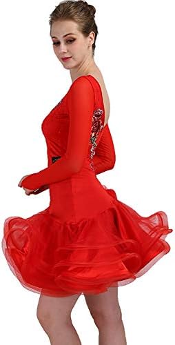 Nakokou ženske latino plesne haljine Spandex Organza kristali Spajanje cvjetnih ruffova Dugi rukavi