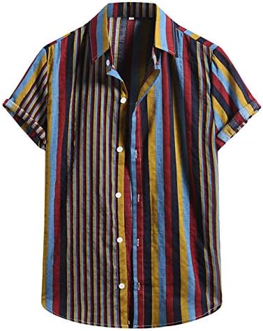 Ljetne majice za muškarce Muška moda pamuk lan Print prugasta košulja kratkih rukava s ovratnikom na kopčanje