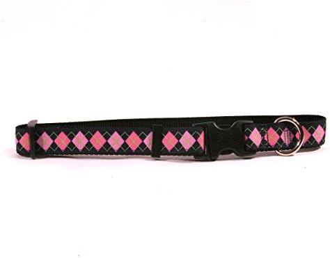 Dizajn žutog psa, ružičasti Argile na crnoj ogrlici od grosgrain vrpce, mali, širine 3/4, odgovara veličinama vrata od 10 do 14