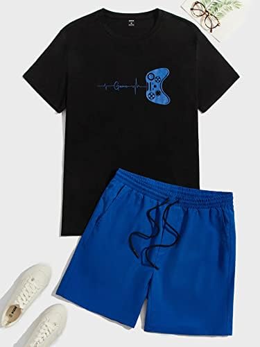 Fioxa dvodijelna odjeća za muškarce muškaraca GamePad & Letter Graphic Tee & DrawString Struk struka kratkih hlača