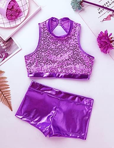 Daenrui Kids Girls 2 Piece Sequins Sportska plesna odjeća Crod Crop Top s plijenom kratkim hlačama Gimnastika plesna kostim
